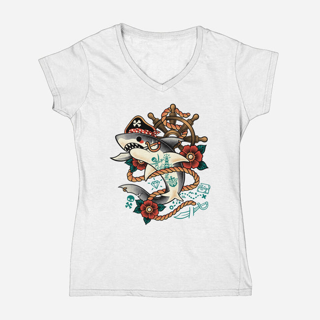 Pirate Shark Tattoo-Womens-V-Neck-Tee-NemiMakeit