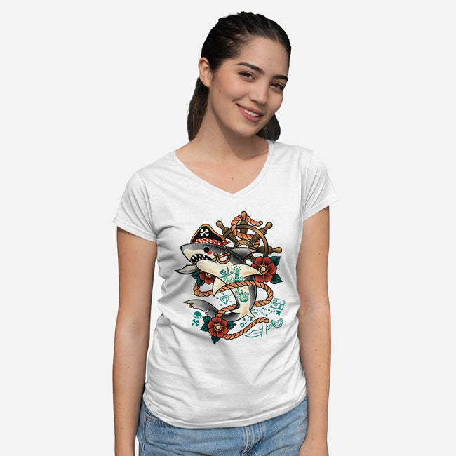 Pirate Shark Tattoo-Womens-V-Neck-Tee-NemiMakeit