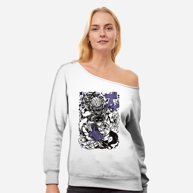 Yuta And Rika-Womens-Off Shoulder-Sweatshirt-Panchi Art