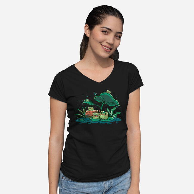 Froggy Friends-Womens-V-Neck-Tee-TechraNova