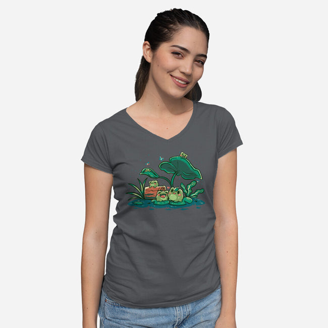 Froggy Friends-Womens-V-Neck-Tee-TechraNova