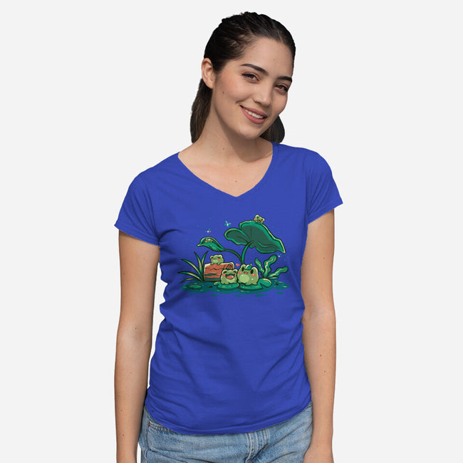 Froggy Friends-Womens-V-Neck-Tee-TechraNova