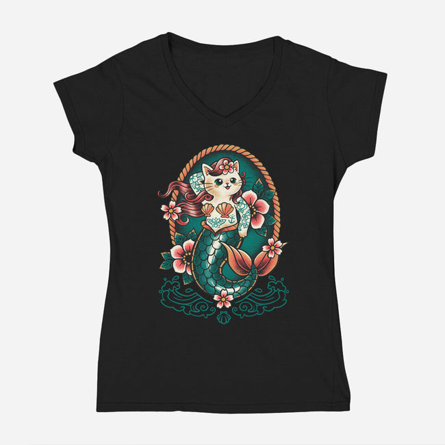 Mermaid Cat Tattoo-Womens-V-Neck-Tee-NemiMakeit