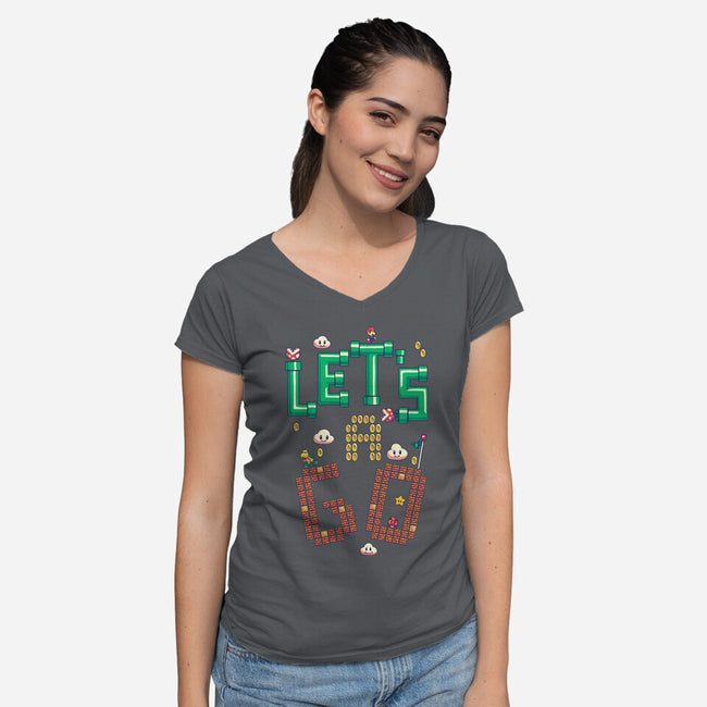 Mario Let's A Go-Womens-V-Neck-Tee-Geekydog