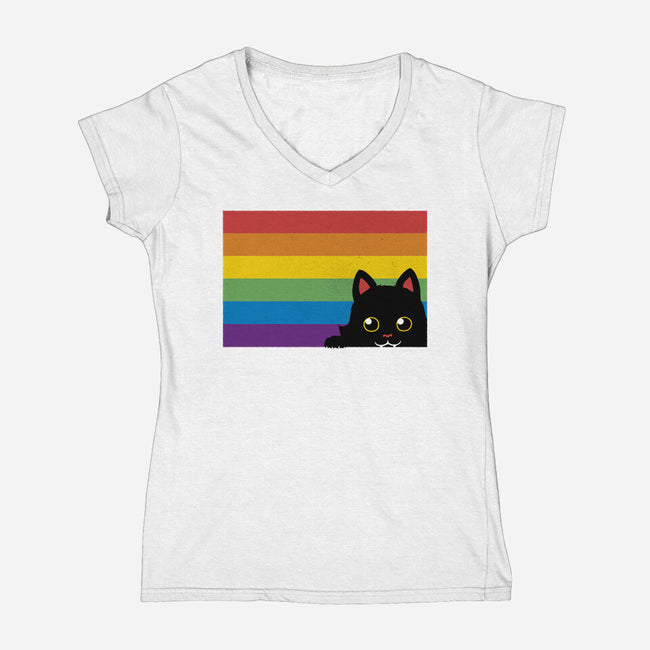 Peeking Cat Rainbow Pride Flag-Womens-V-Neck-Tee-tobefonseca