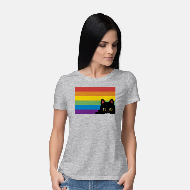 Peeking Cat Rainbow Pride Flag-Womens-Basic-Tee-tobefonseca