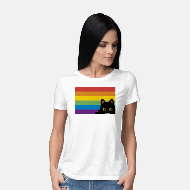 Peeking Cat Rainbow Pride Flag-Womens-Basic-Tee-tobefonseca