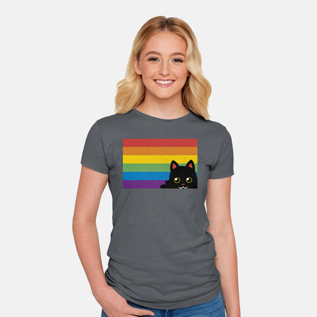 Peeking Cat Rainbow Pride Flag-Womens-Fitted-Tee-tobefonseca