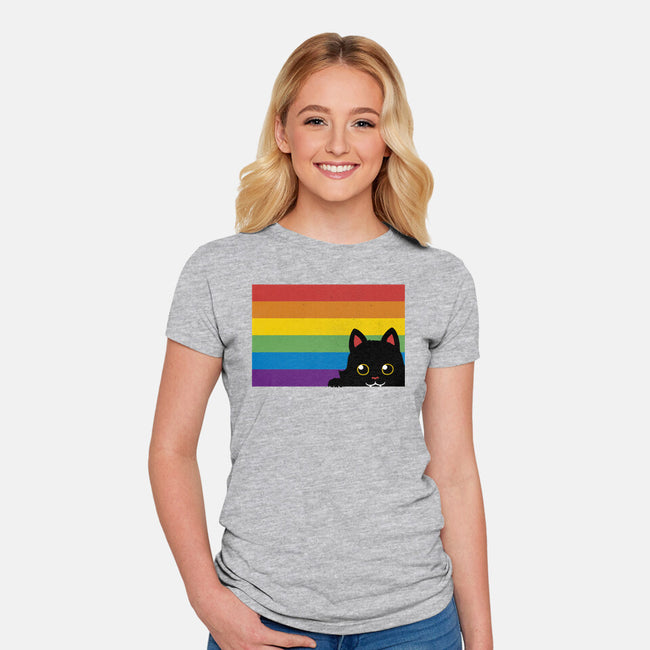 Peeking Cat Rainbow Pride Flag-Womens-Fitted-Tee-tobefonseca