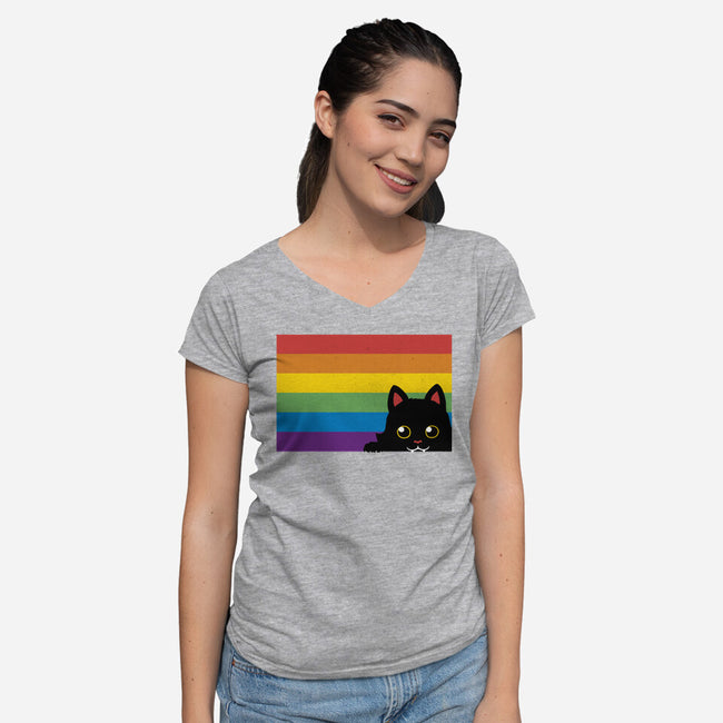 Peeking Cat Rainbow Pride Flag-Womens-V-Neck-Tee-tobefonseca