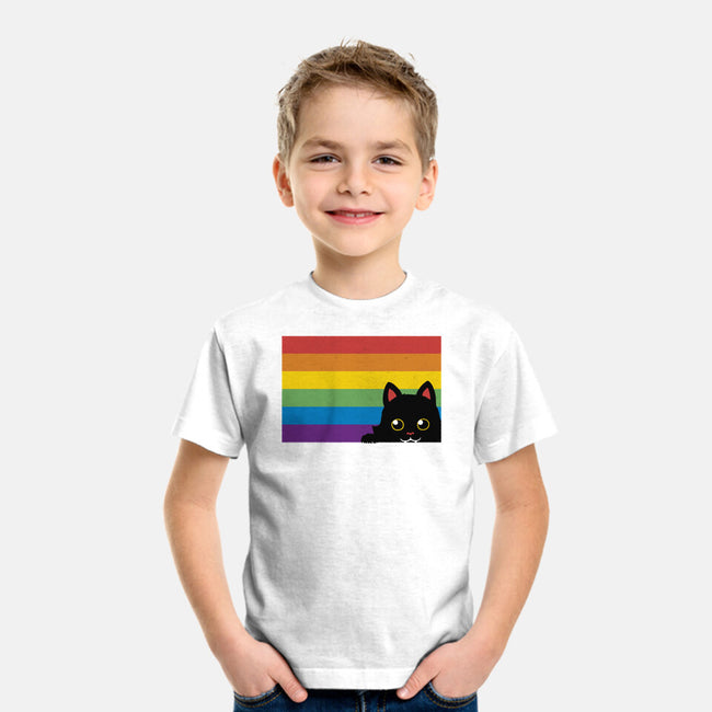 Peeking Cat Rainbow Pride Flag-Youth-Basic-Tee-tobefonseca