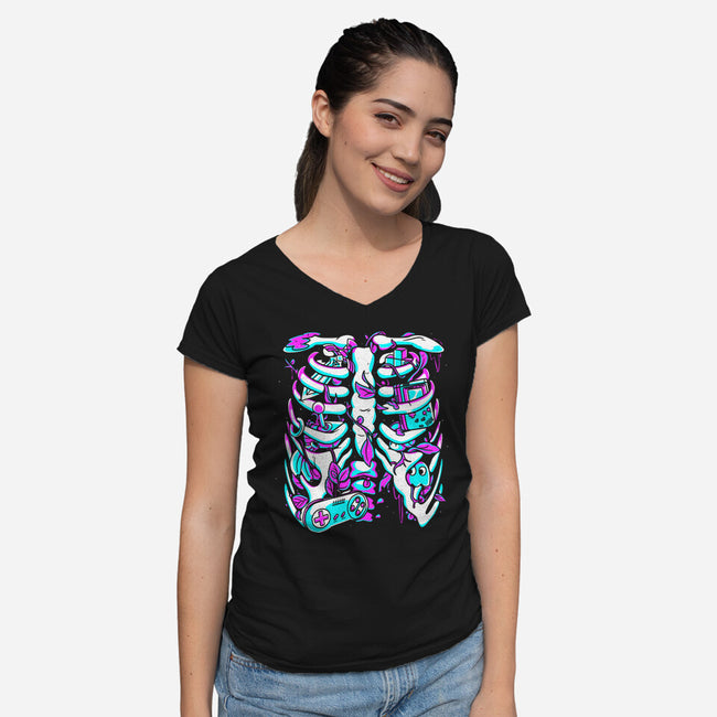 Retro Gaming Skeleton-Womens-V-Neck-Tee-estudiofitas