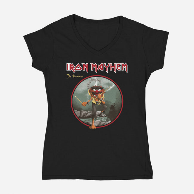 Iron Mayhem-Womens-V-Neck-Tee-retrodivision