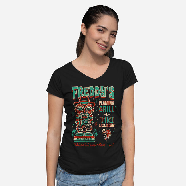 Freddy's Flaming Grill-Womens-V-Neck-Tee-Nemons