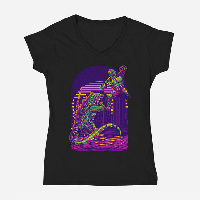 RoboZilla Vs RoboKong-Womens-V-Neck-Tee-alanside