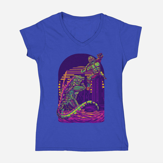RoboZilla Vs RoboKong-Womens-V-Neck-Tee-alanside
