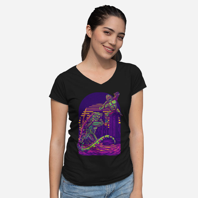 RoboZilla Vs RoboKong-Womens-V-Neck-Tee-alanside