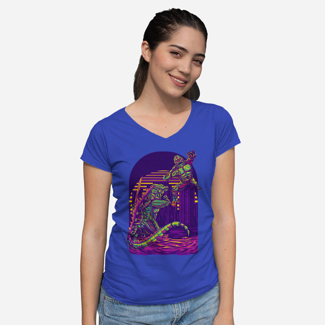 RoboZilla Vs RoboKong-Womens-V-Neck-Tee-alanside