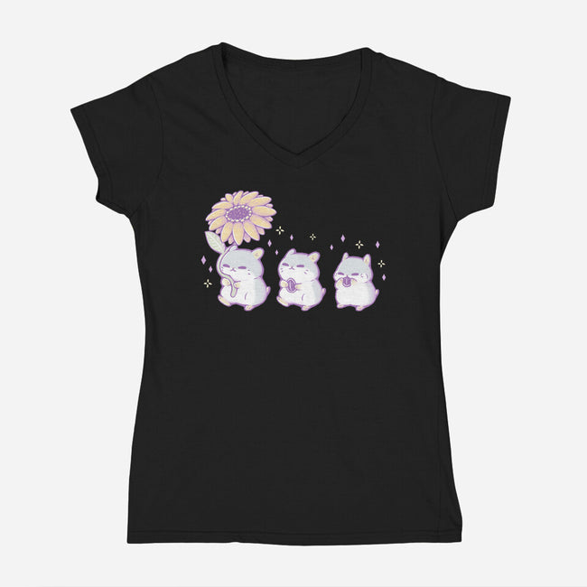 Cute Hamsters With Sunflower-Womens-V-Neck-Tee-xMorfina