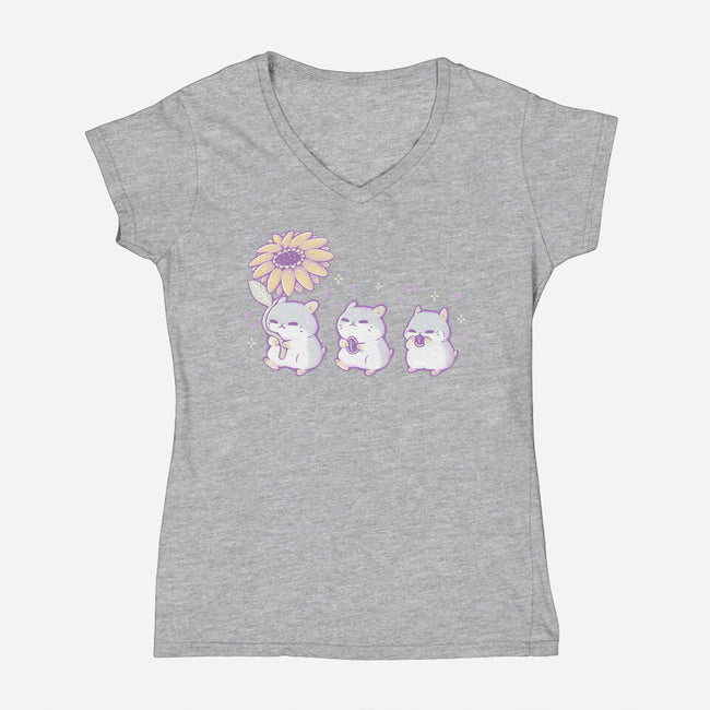 Cute Hamsters With Sunflower-Womens-V-Neck-Tee-xMorfina