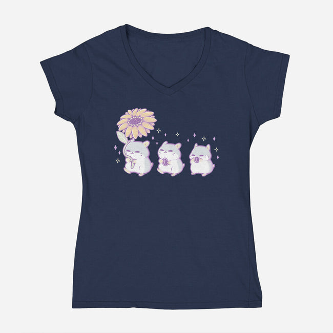 Cute Hamsters With Sunflower-Womens-V-Neck-Tee-xMorfina