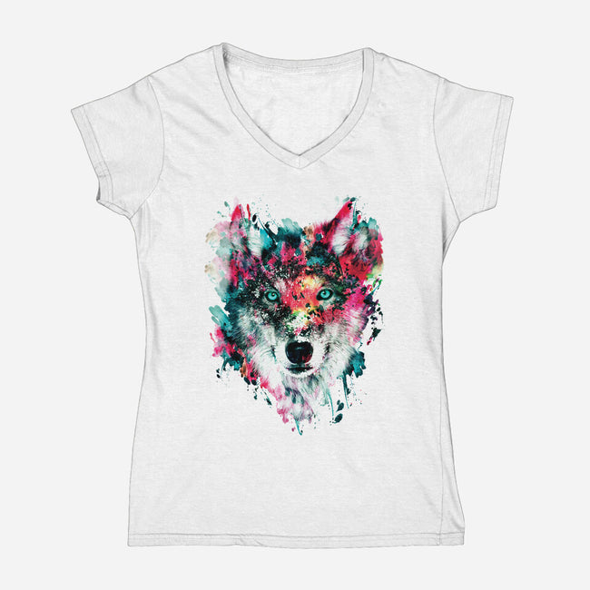 Watercolor Wolf-womens v-neck tee-RizaPeker