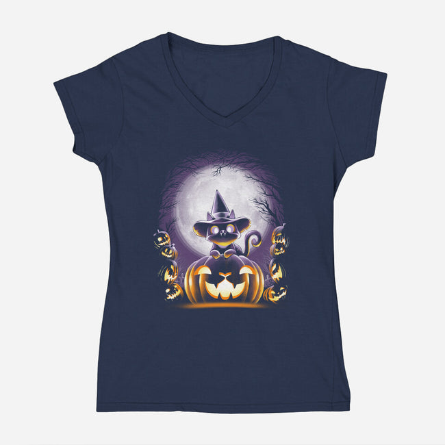 Witch-Cat Night-womens v-neck tee-alemaglia