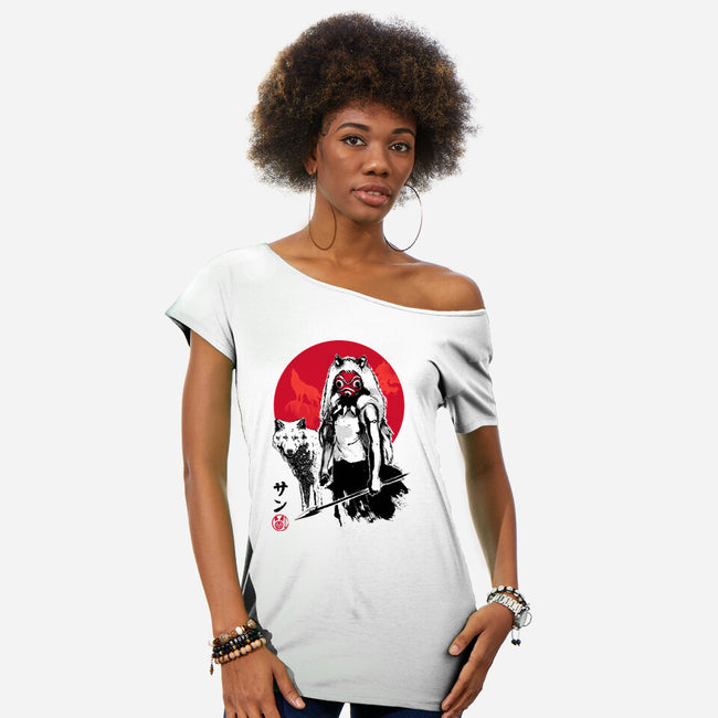 Wolf Girl Sumi-e-womens off shoulder tee-DrMonekers