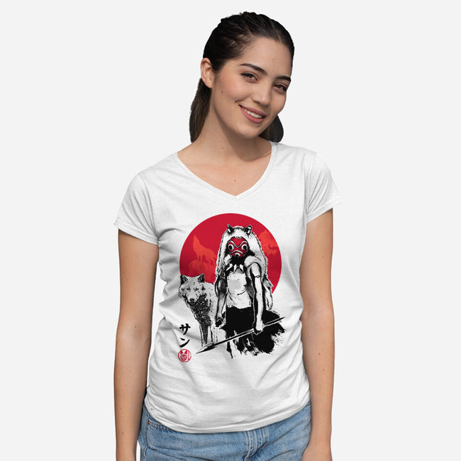 Wolf Girl Sumi-e-womens v-neck tee-DrMonekers