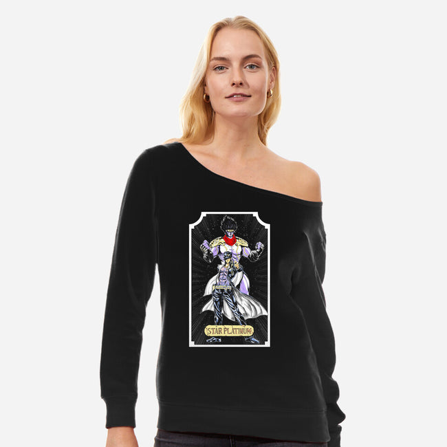 Star Platinum-womens off shoulder sweatshirt-Coinbox Tees