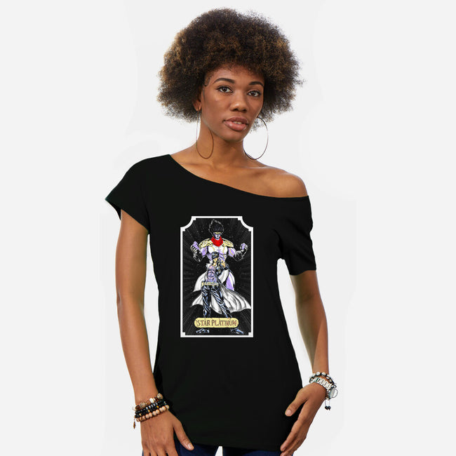 Star Platinum-womens off shoulder tee-Coinbox Tees