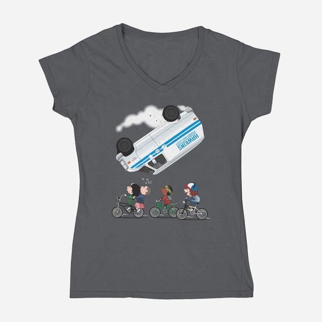 Stranger Peanuts-womens v-neck tee-Adams Pinto