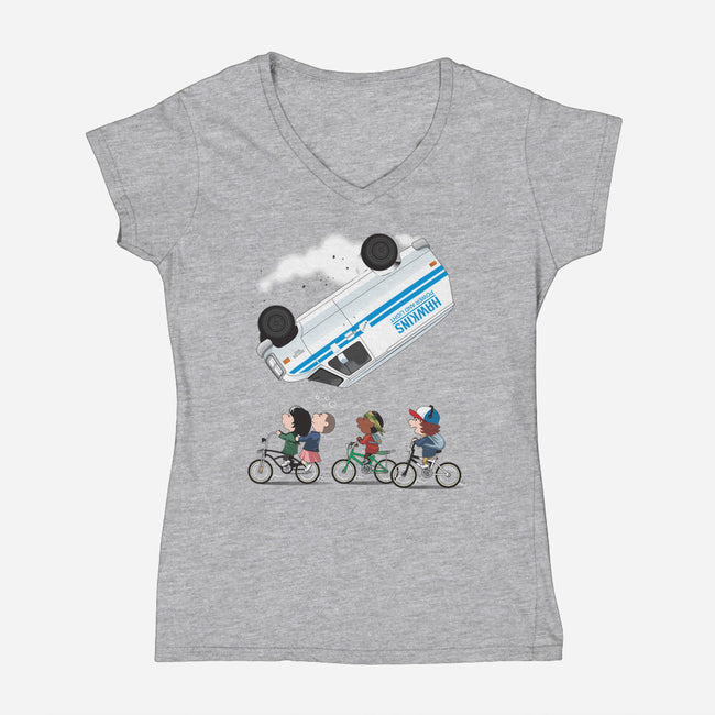 Stranger Peanuts-womens v-neck tee-Adams Pinto