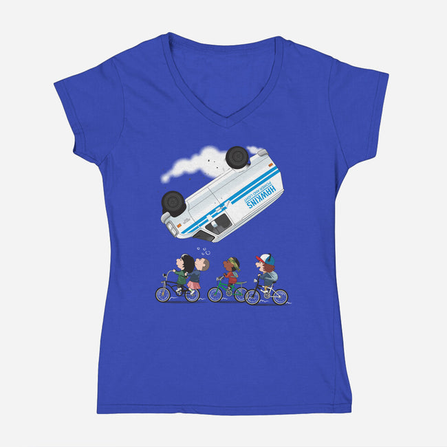Stranger Peanuts-womens v-neck tee-Adams Pinto