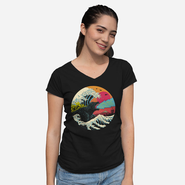 Retro Wave Kaiju-womens v-neck tee-vp021