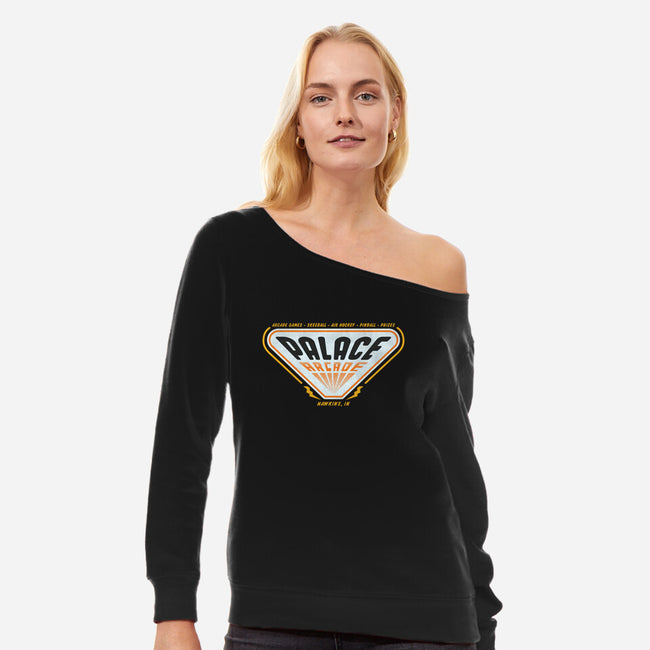 Palace Arcade-womens off shoulder sweatshirt-Beware_1984