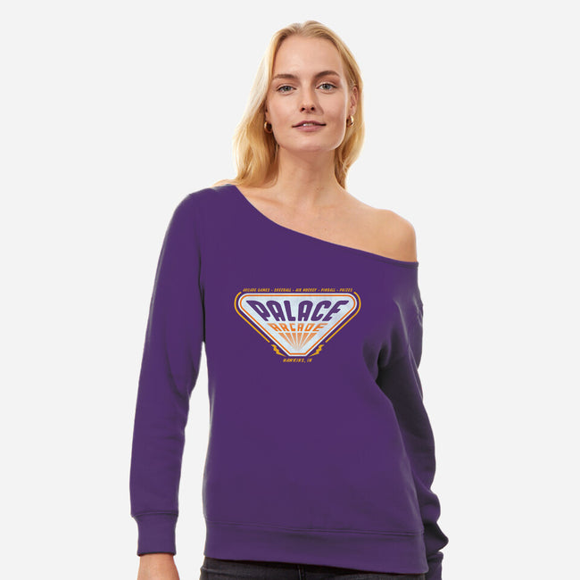 Palace Arcade-womens off shoulder sweatshirt-Beware_1984