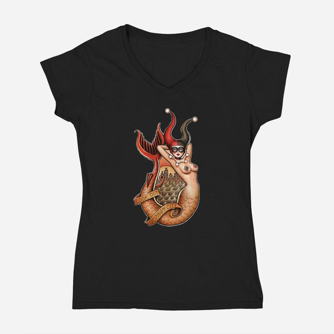 Old School Mermaid Trouble-womens v-neck tee-Zeeee