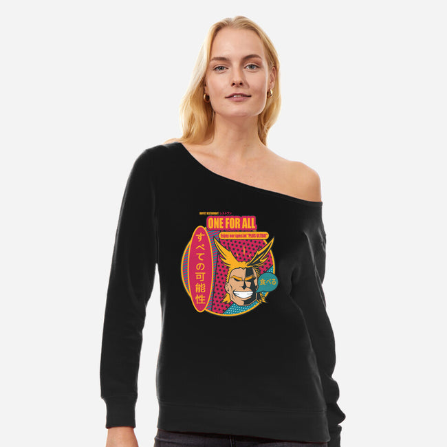 One for All Restaurant-womens off shoulder sweatshirt-Coconut_Design