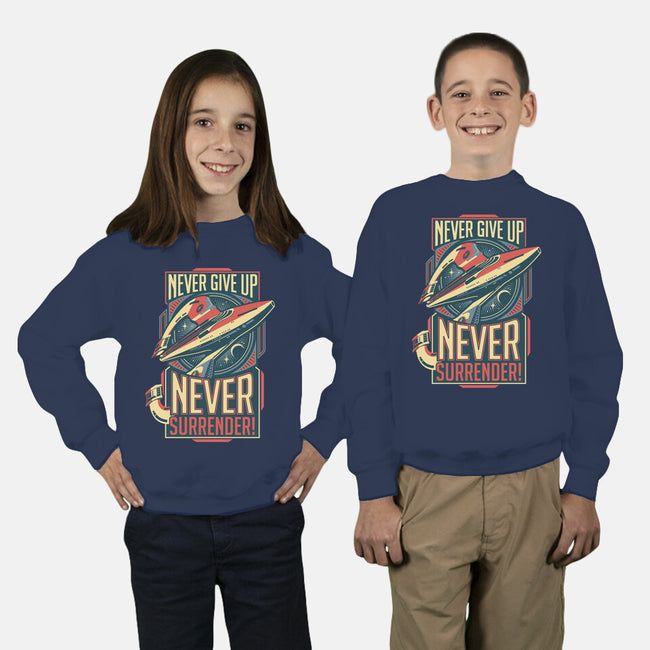 Never Surrender!-youth crew neck sweatshirt-DeepFriedArt