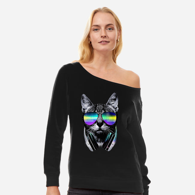 Music Lover Cat-womens off shoulder sweatshirt-clingcling