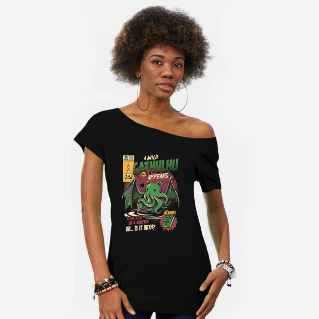 Is It a Cat Or a Monster-womens off shoulder tee-ilustrata
