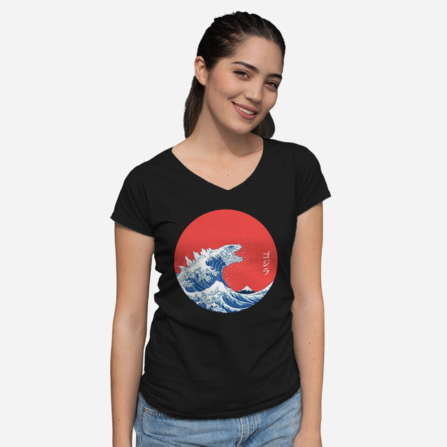 Hokusai Gojira-Variant-womens v-neck tee-Mdk7