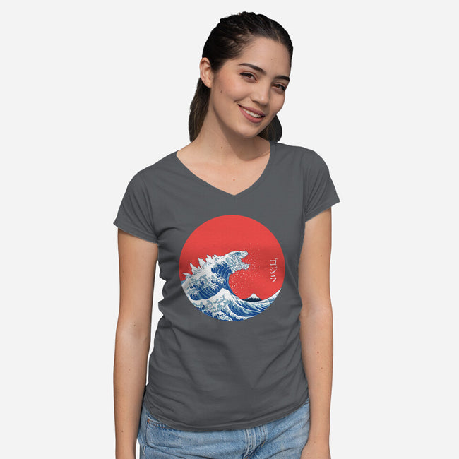 Hokusai Gojira-Variant-womens v-neck tee-Mdk7