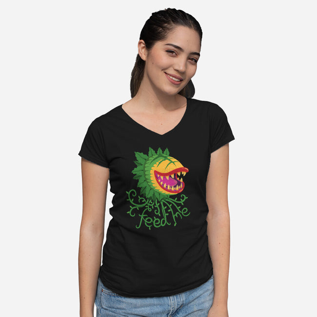 Feeeeeed Me-womens v-neck tee-DinoMike