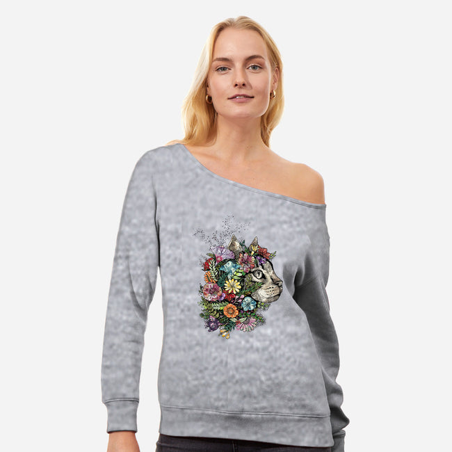 Flower Cat-womens off shoulder sweatshirt-scarletknightco