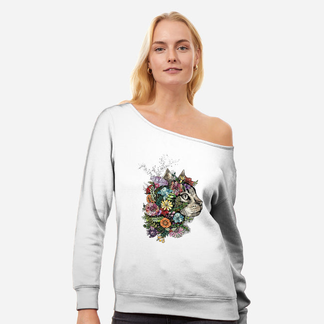 Flower Cat-womens off shoulder sweatshirt-scarletknightco