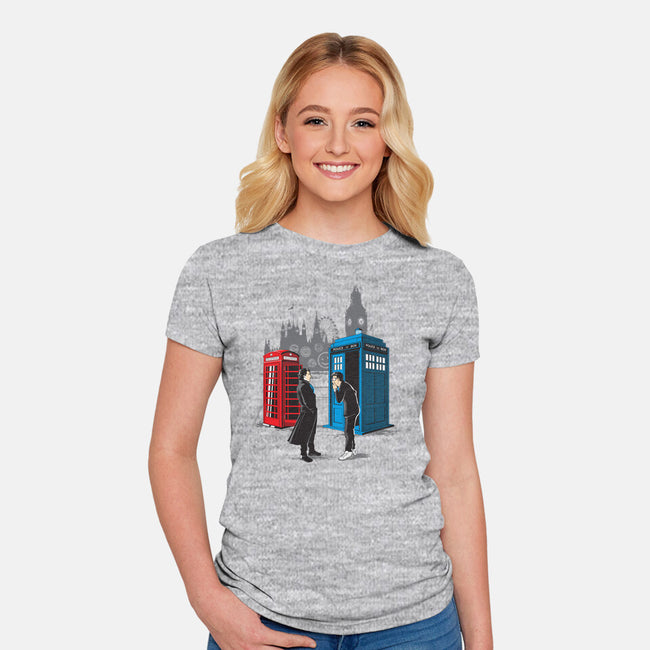 Cabins Collide-womens fitted tee-Adams Pinto