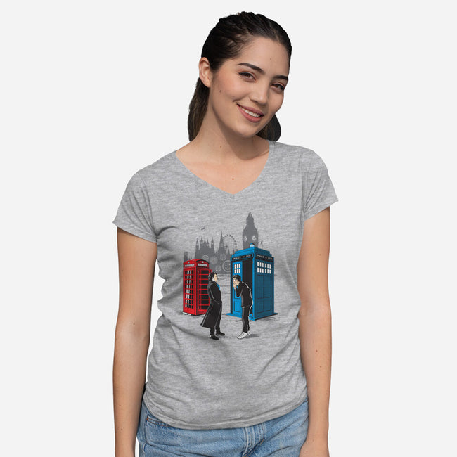 Cabins Collide-womens v-neck tee-Adams Pinto