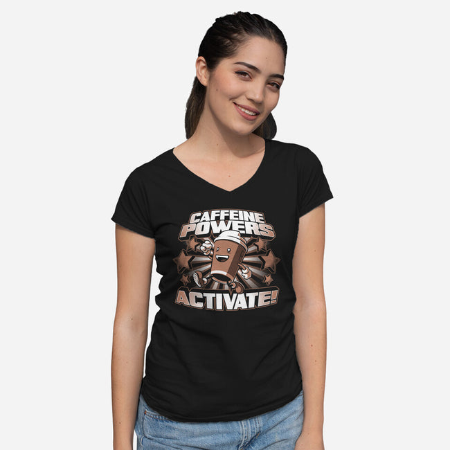 Caffeine Powers, Activate!-womens v-neck tee-Obvian